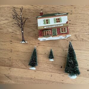 Department 56 Dickens Christmas Carol House of Scrooge and bottle brush trees